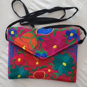 Handmade Colorful Embroidered Clutch Bag With Black Shoulder Strap. New